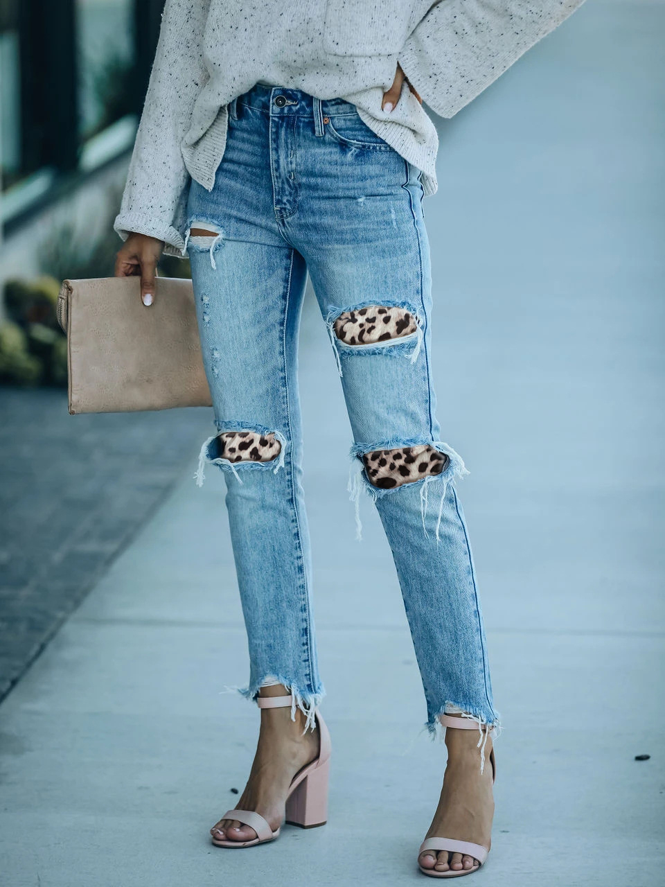 Leopard Print Shredded Casual High Waist Straight Jeans