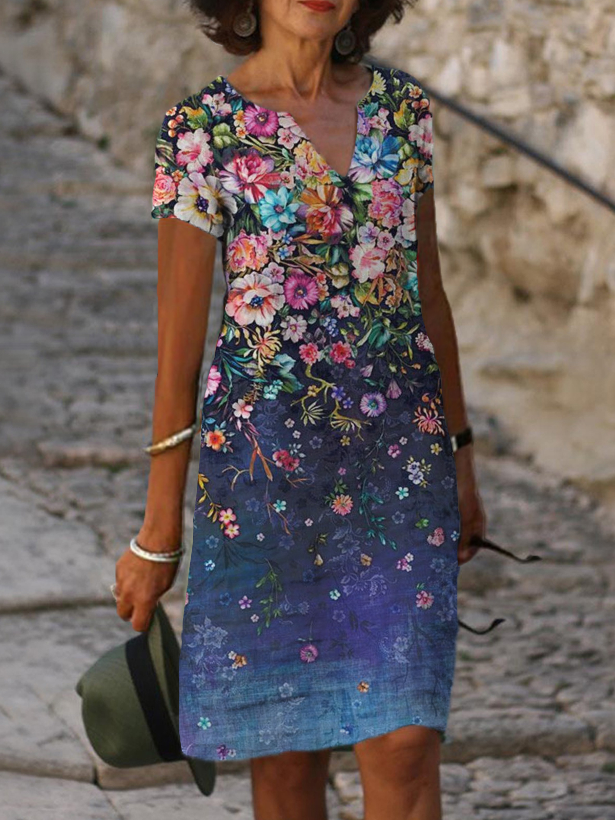 Floral Print V neck Short Sleeve Midi Dress Women