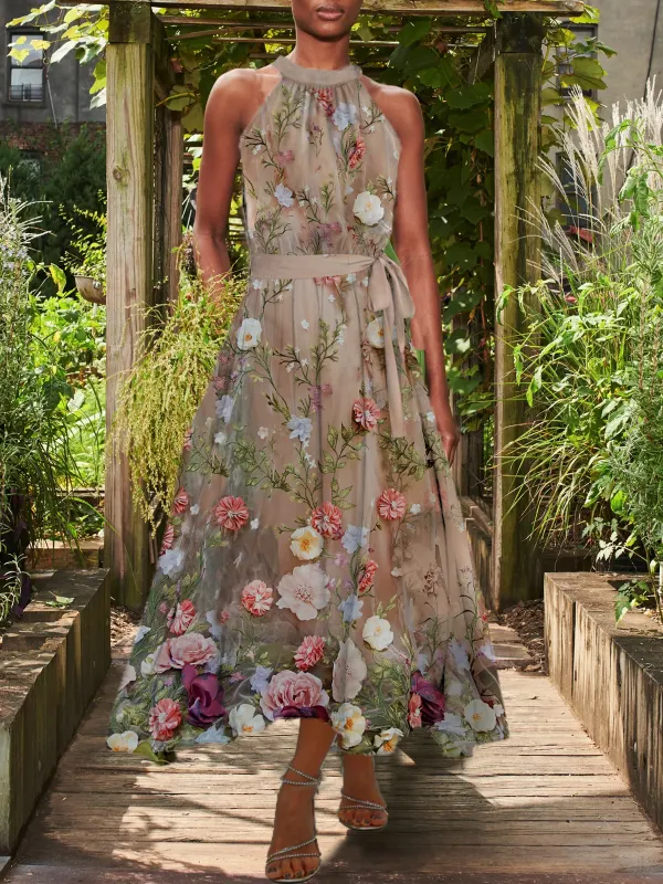 Floral Print Belted Sleeveless Halter Neck Maxi Dress - Machoup.com 