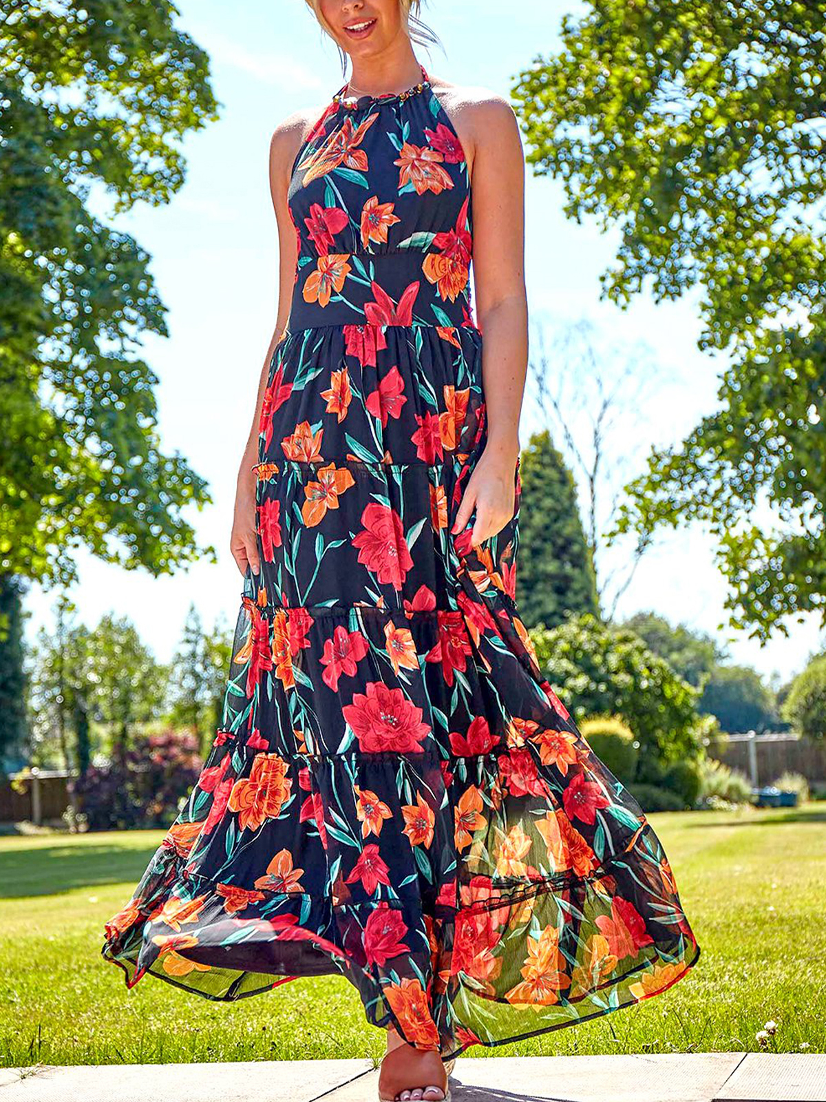 Floral Print Belted Sleeveless Halter Neck Maxi Dress