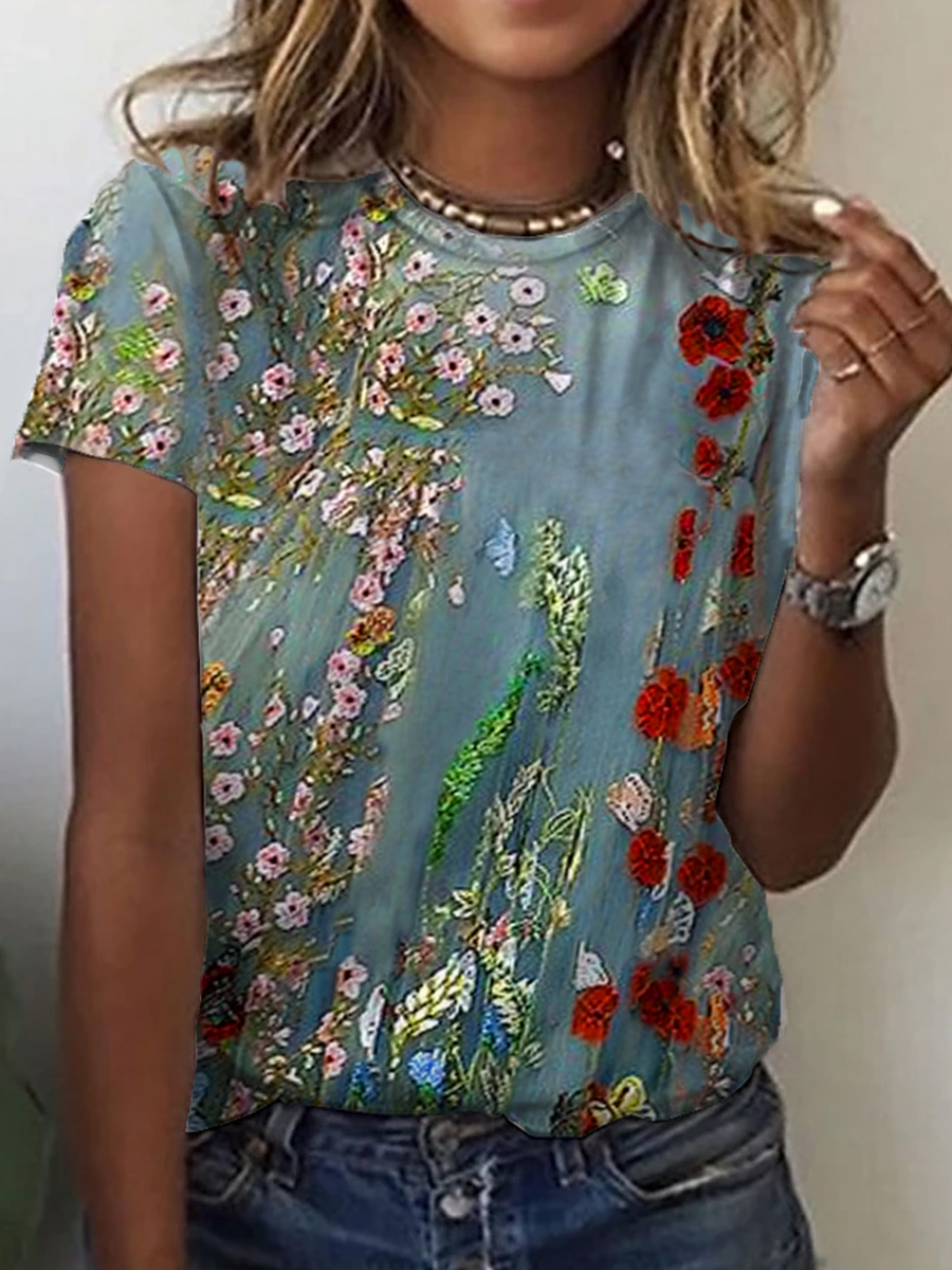 Casual Floral Print Short Sleeved T Shirt