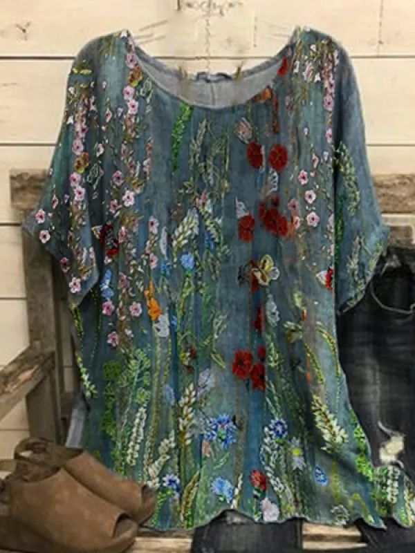 Свободная повседневная блузка с круглым вырезом и короткими рукавами с цветочным принтом - Funluc.com 