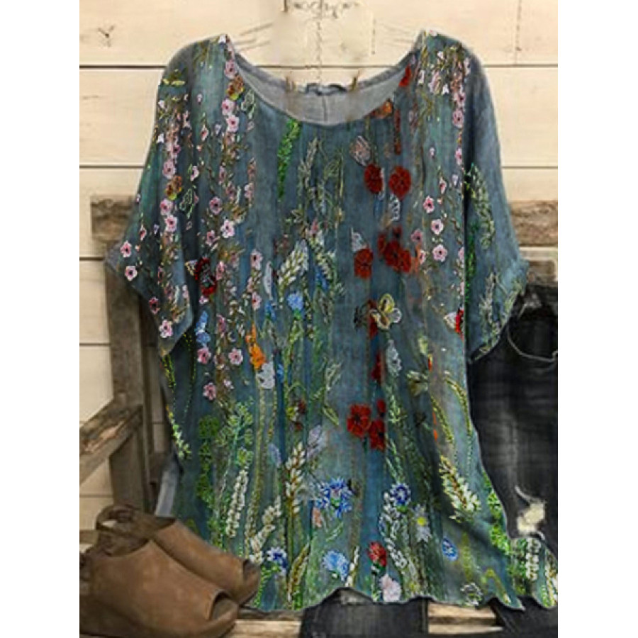 

Loose Casual Floral Print Crew Neck Short Sleeves Blouse