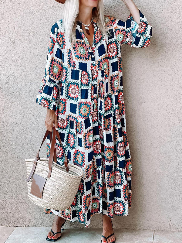 Geometric Ethnic V Neck Flared Sleeve Panel Hem Maxi Dress