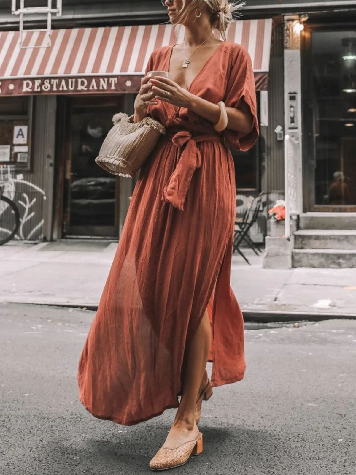 Cotton And Linen V neck Belted Maxi Dress Boho Style
