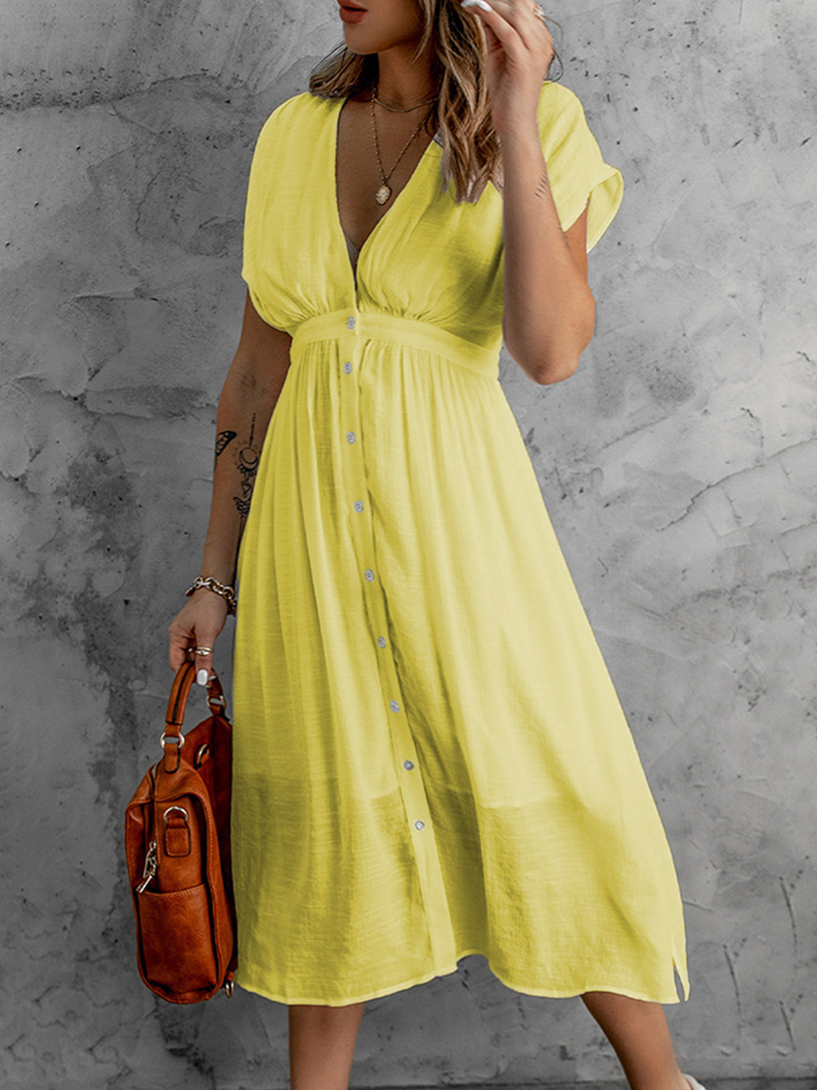 Summer Solid Color V neck Short sleeved Dress