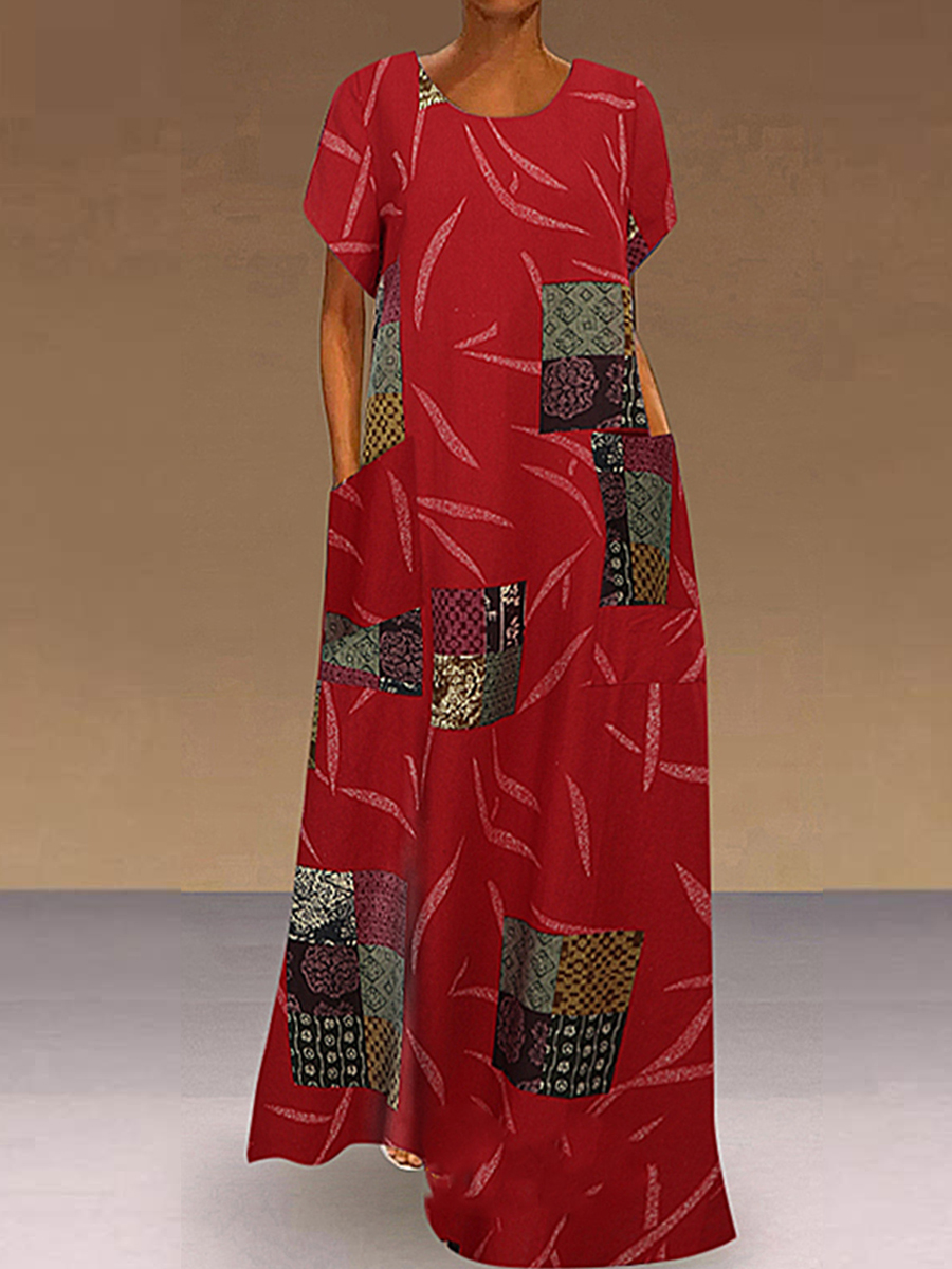 Fashion Short Sleeve Round Neck Print Pocket Dress