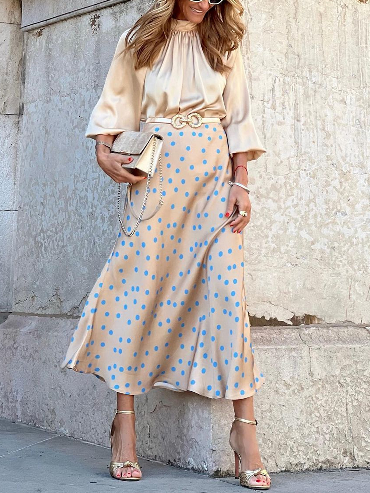 Satin Polka Dots Print Skirt Elegant