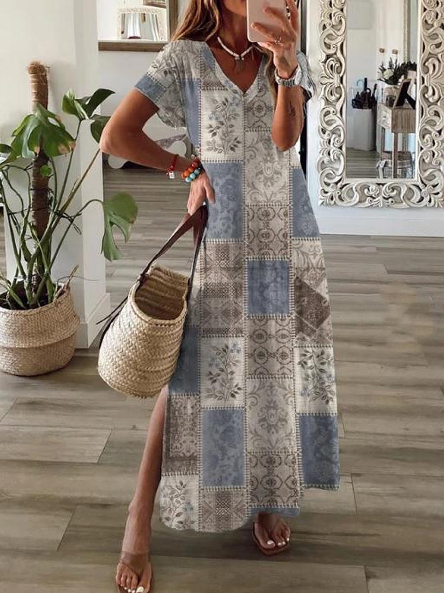 Vintage Loose Print V Neck Maxi Dress