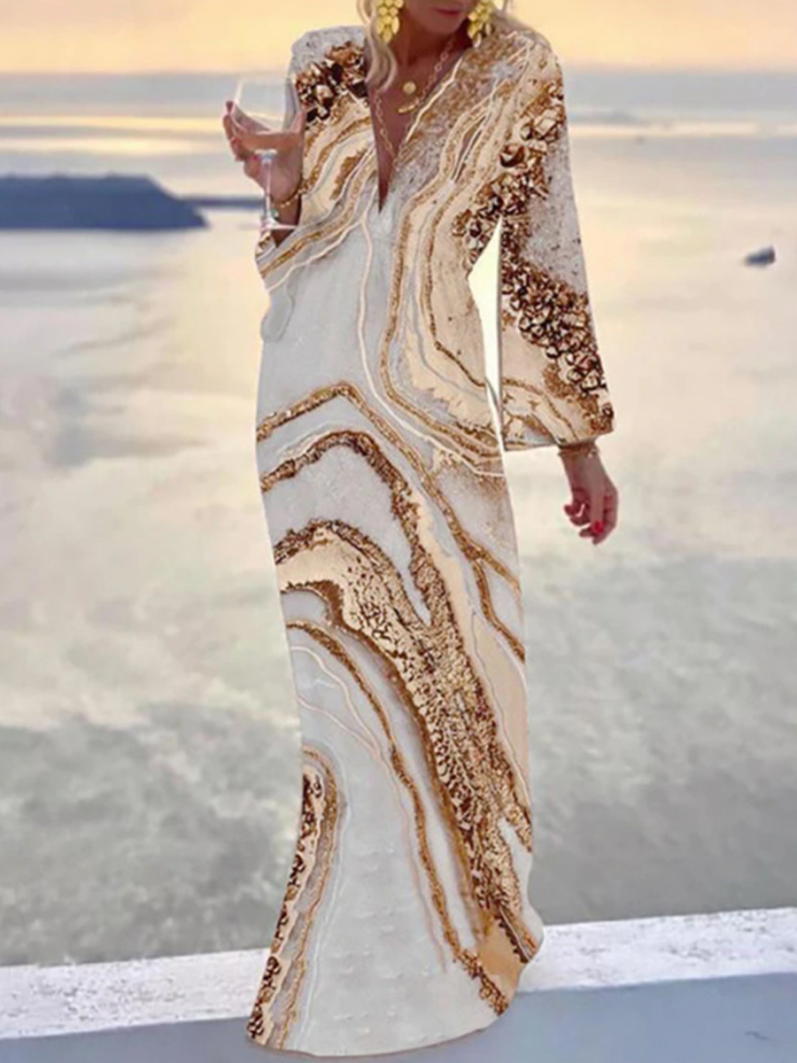 Women's Loose Gold V Neck Print Dress