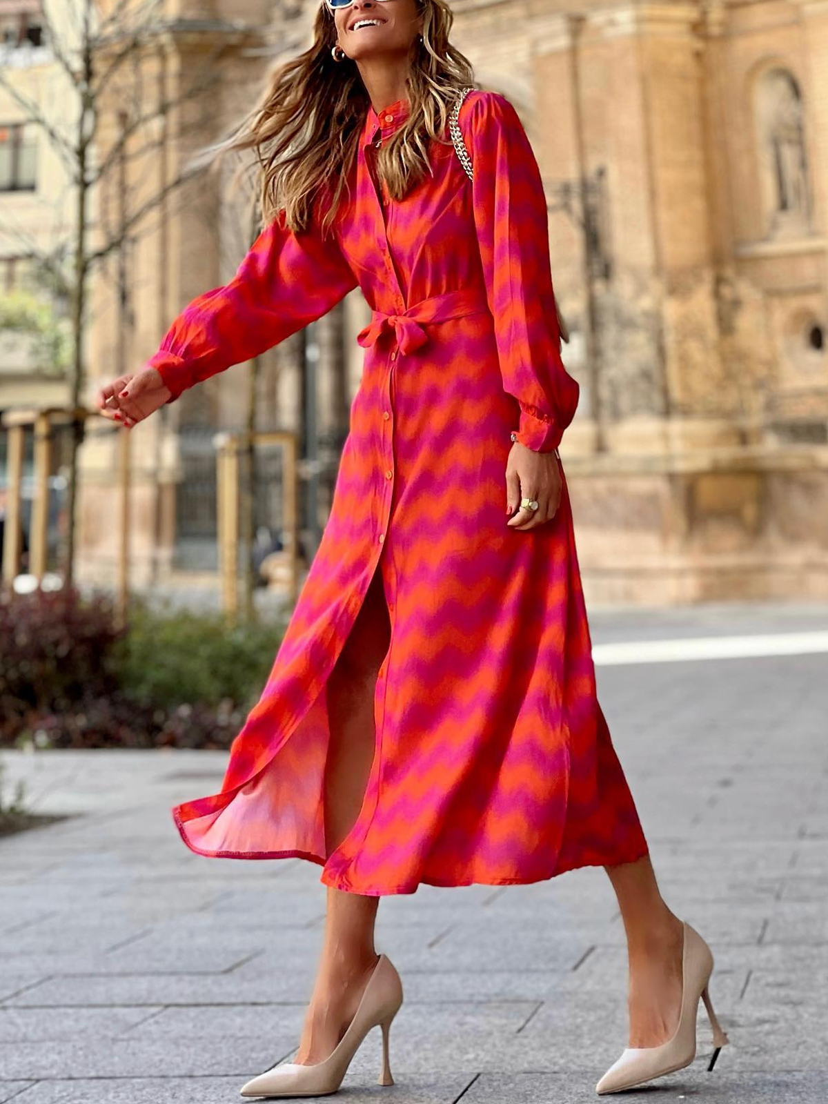 Color Blcok Geo Print V Neck Button up Maxi Dress