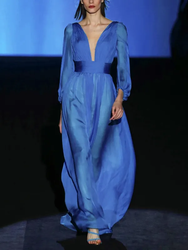 Blue V-neck Faux Silk Puff Sleeve Long Dress - Cominbuy.com 