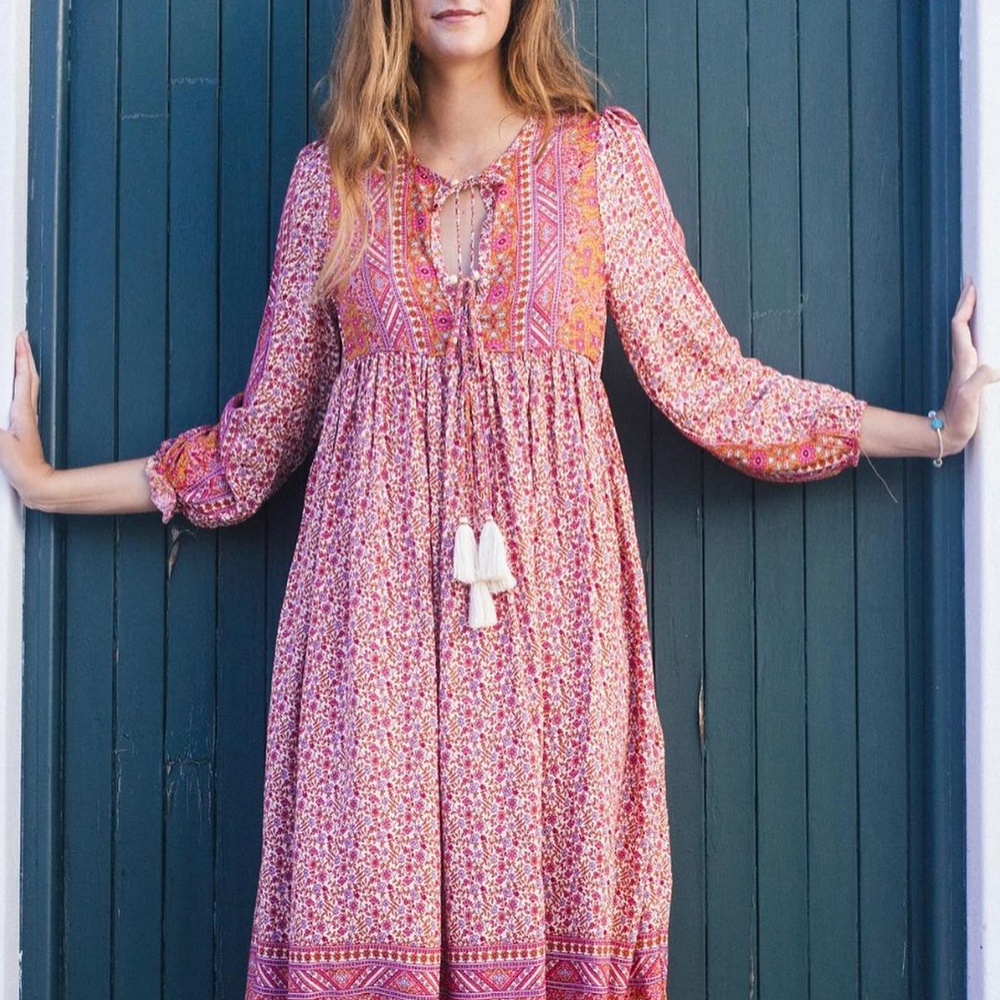 Paisley Floral Print V neck Tiered Midi Dress