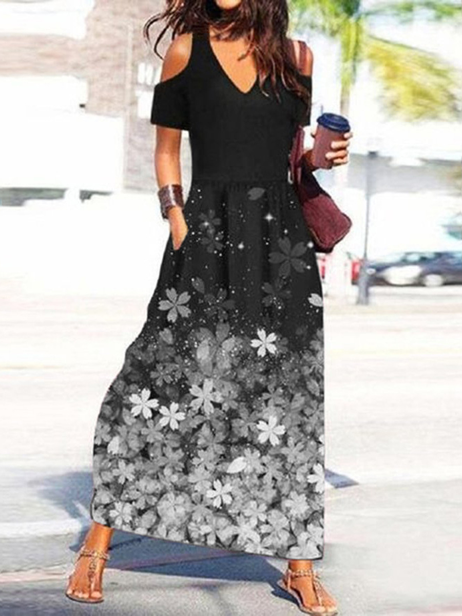 Casual Floral Print V Neck Off The Shoulder Short Sleeve Maxi Dress