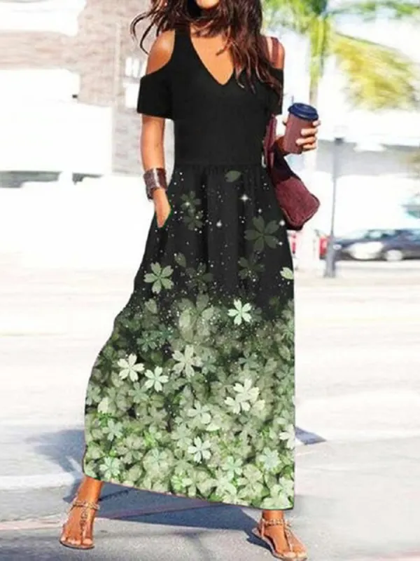 Casual Floral-Print V-Neck Off-The-Shoulder Short-Sleeve Maxi Dress - Oasisjoy.com 