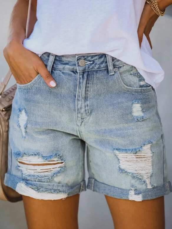 Mid Waist Light Blue Ripped Denim Shorts