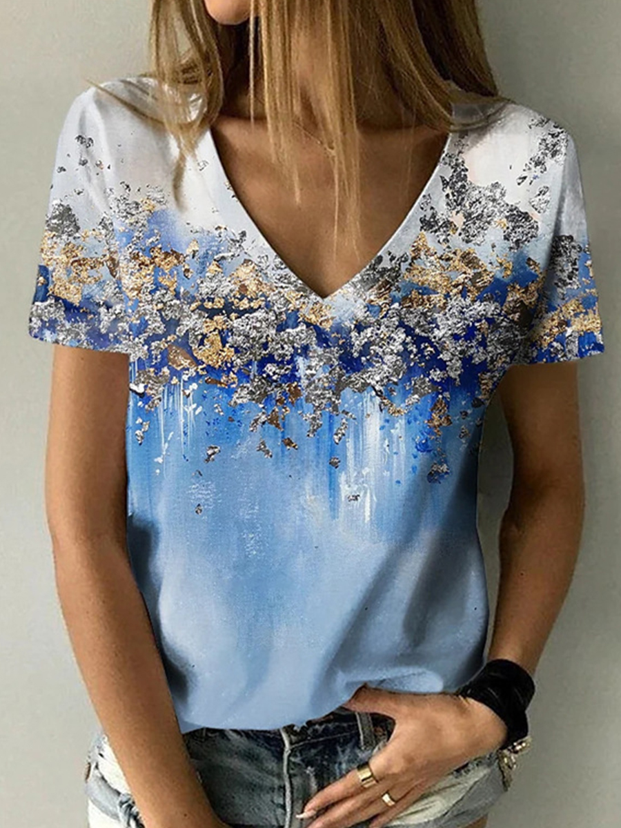 V neck Short sleeved Printed T shirt