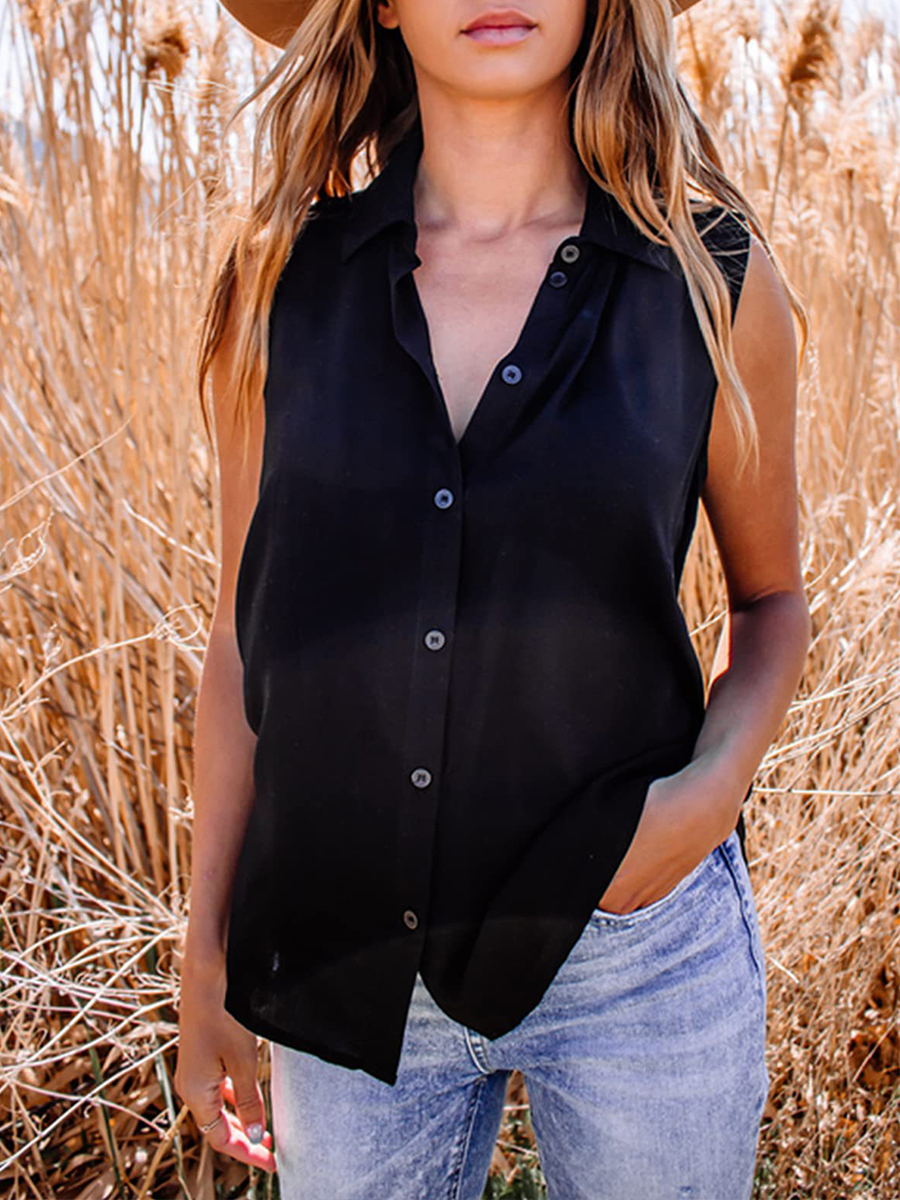 Summer Casual Stand Collar Button Sleeveless Shirt