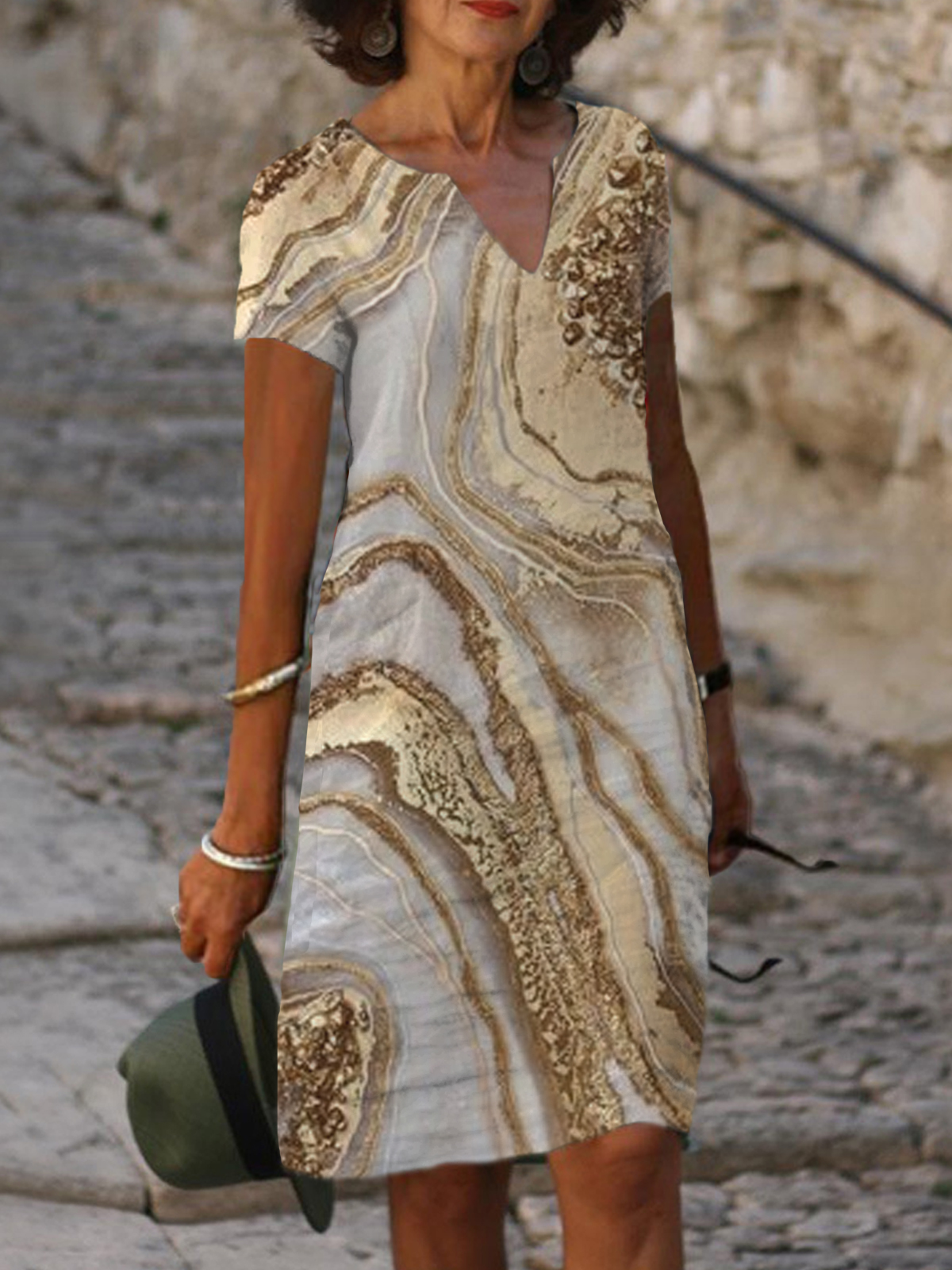 Art Print V neck Short Sleeve Midi Dress Women