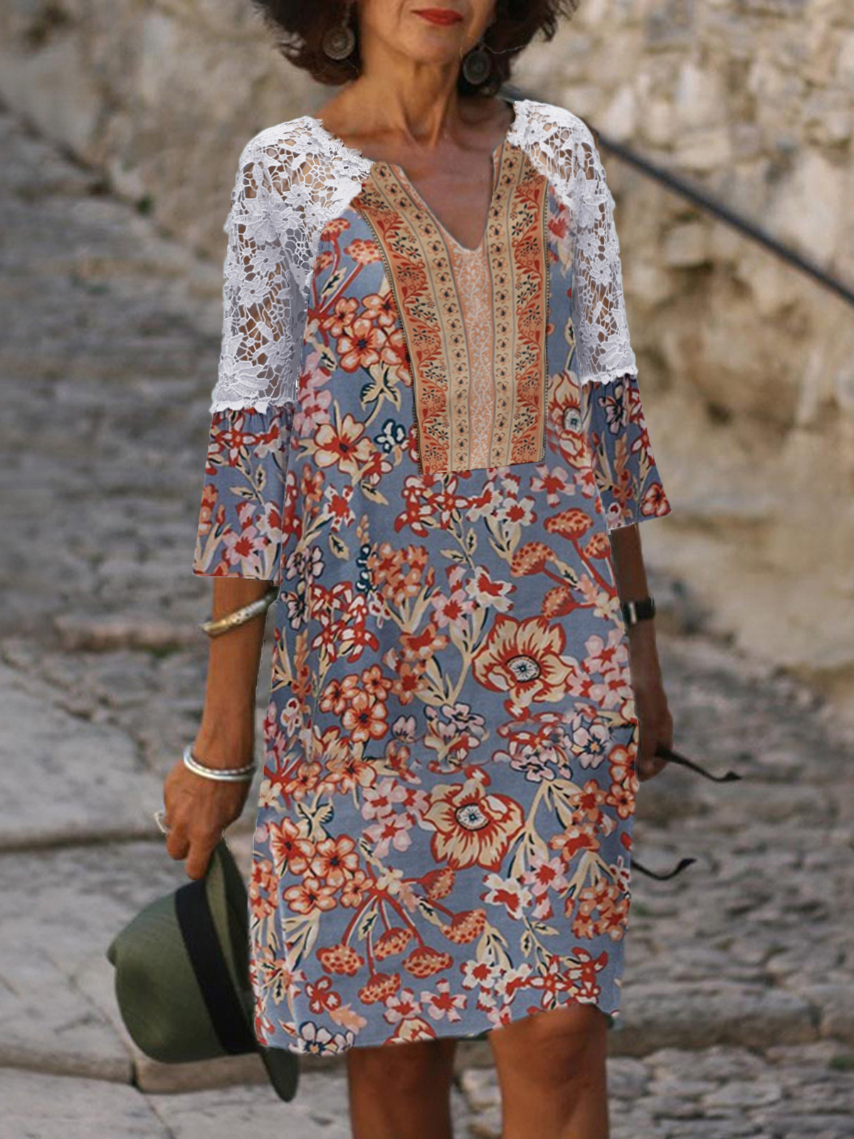 Paisley Print V neck Lace Sleeve Midi Dress Women