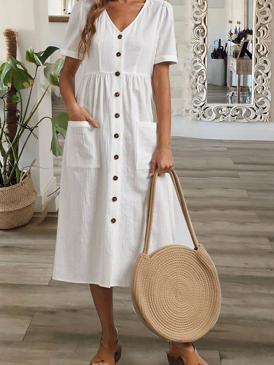 V neck Casual Loose Cardigan Short Sleeve Midi Dress