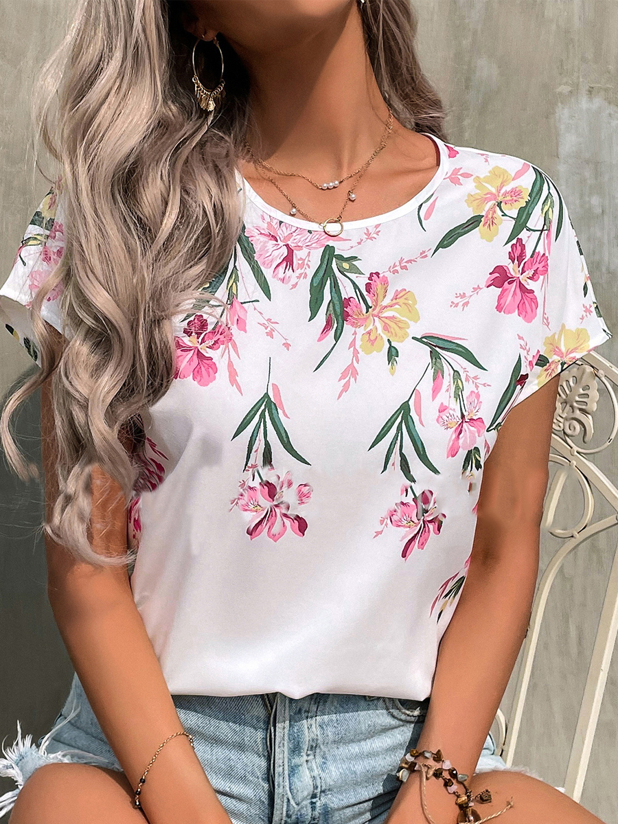 Casual Floral Print V Neck Short Sleeve T Shirt