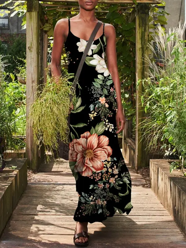 Casual Floral Print Sleeveless Crew Neck Maxi Dress - Funluc.com 