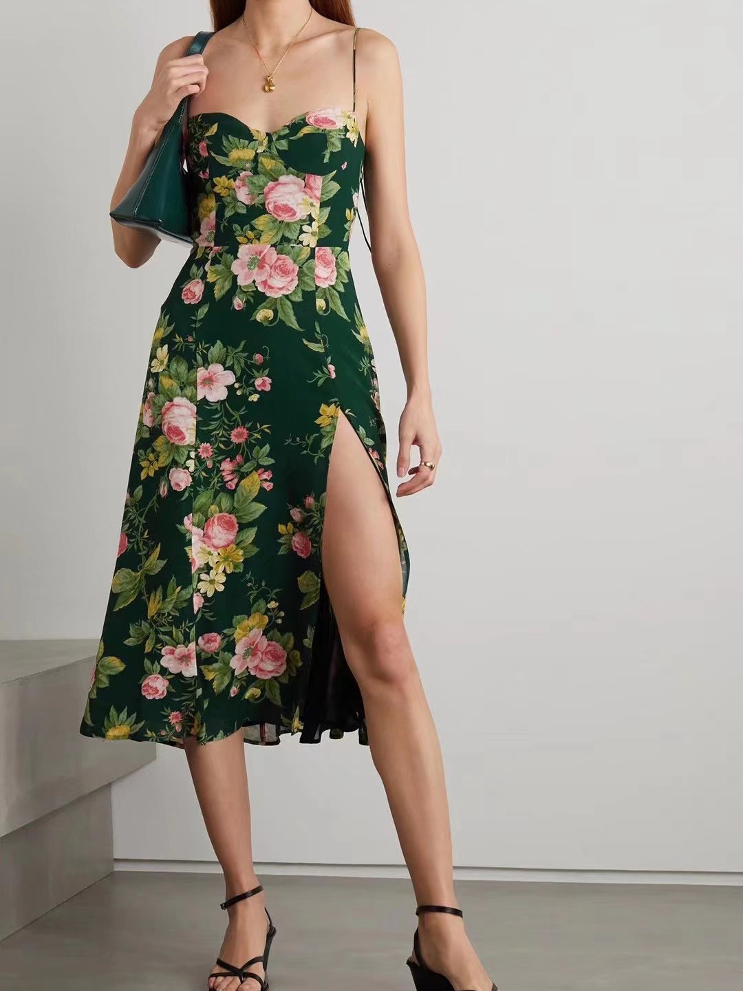 Vintage French Floral Sling Chiffon Waist Slim Fit Tube Top Slit Dress