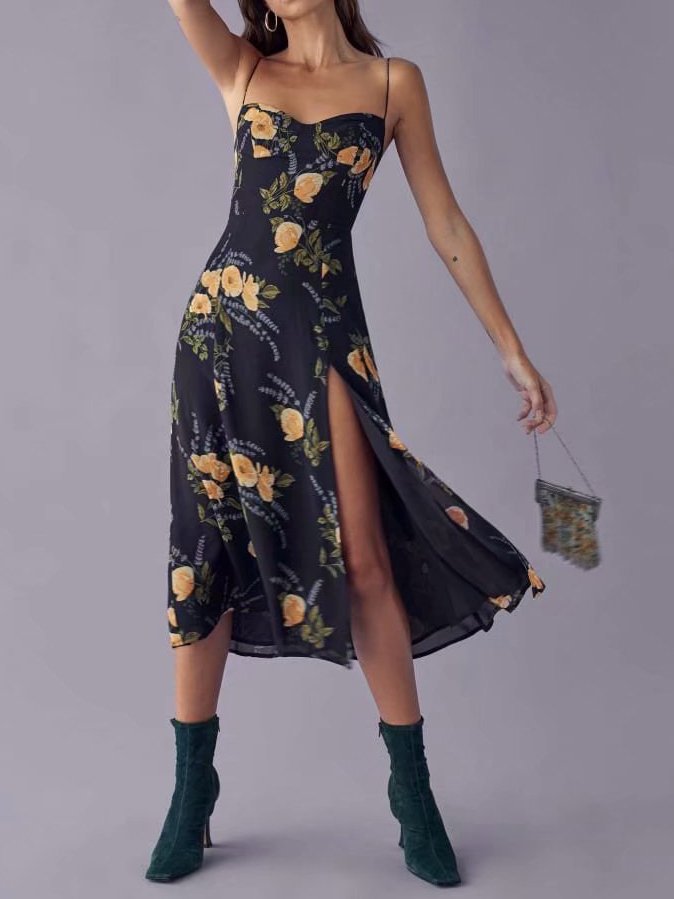 Resort Print High Waist Black Sexy Dress