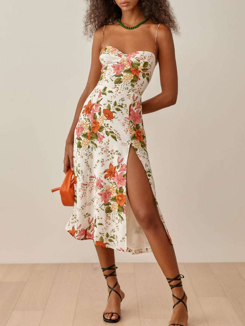 French Vintage Floral Print High Waist Sexy Hem Side Slit Dress