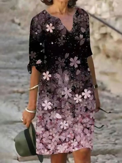 V-neck Casual Loose Sakura Print Short Sleeve Short Dress