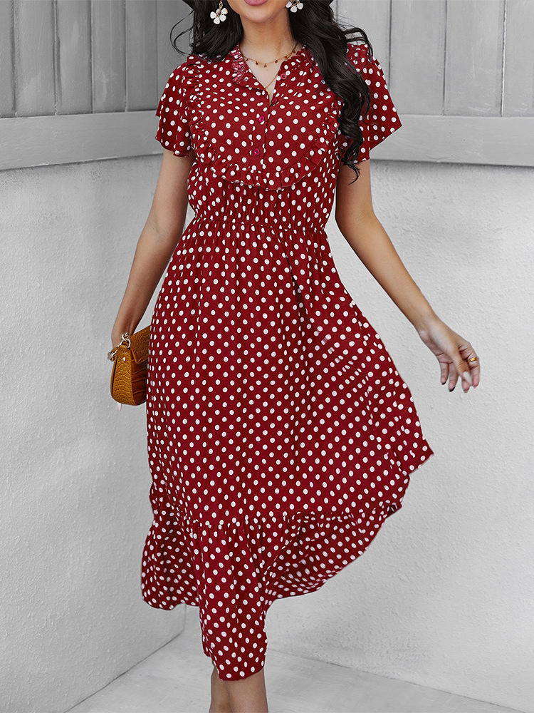 Polka dot Print Stand neck Ruffled Short sleeve Panelled Hem Maxi Dress