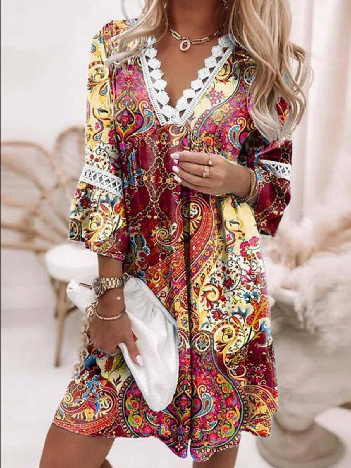 Boho Paisley Print Lace Trim V neck Midi Dress