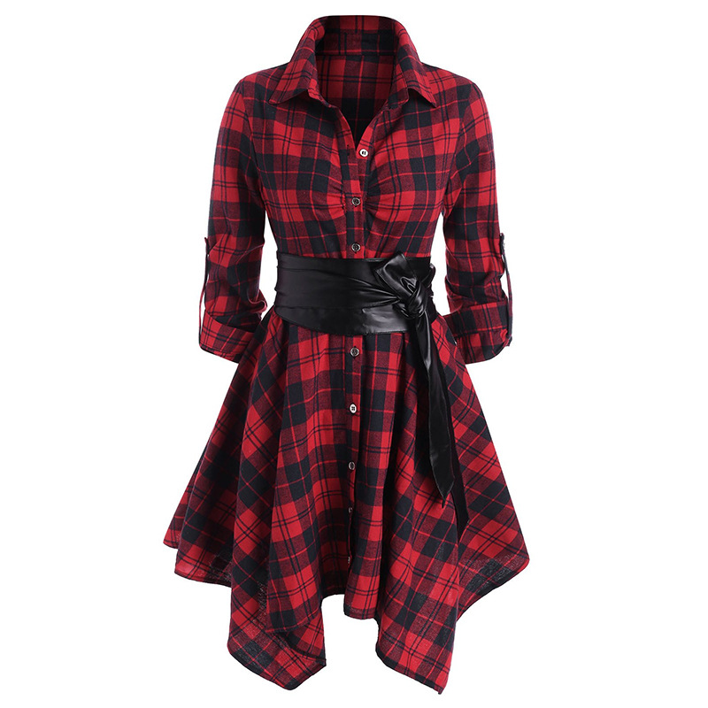 Plaid Button up Kerchief Hem Long Sleeve Shirt Midi Dress With Belt