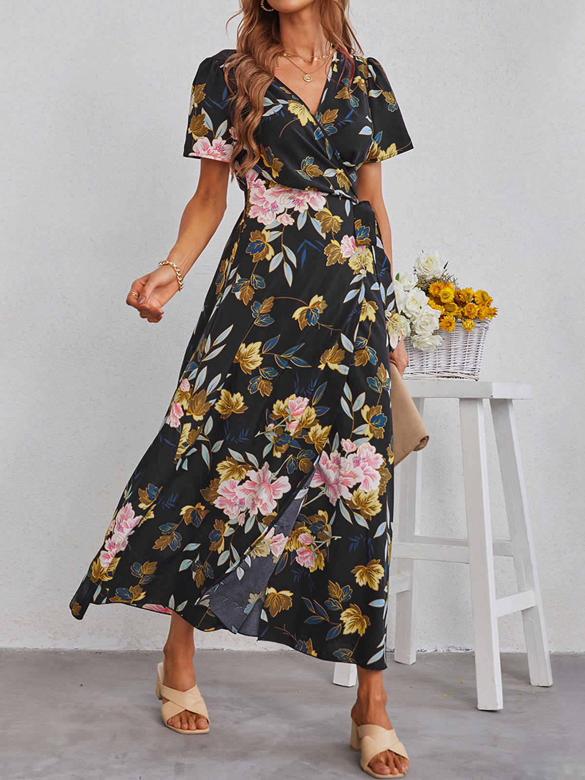 Resort Print Sexy V Neck Short Sleeve Slit Maxi Dress