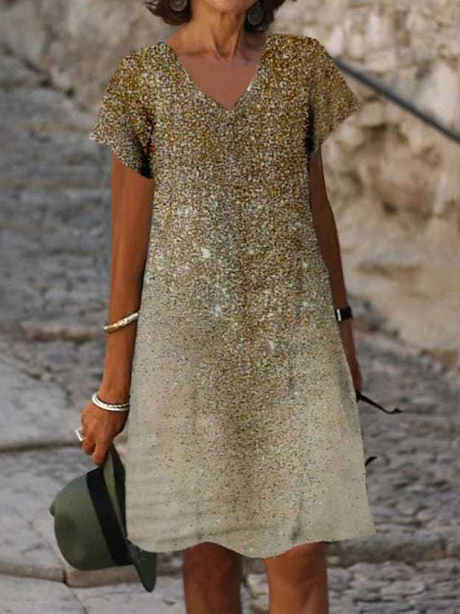Casual Loose Floral Print V Neck Short Sleeve Midi Dress
