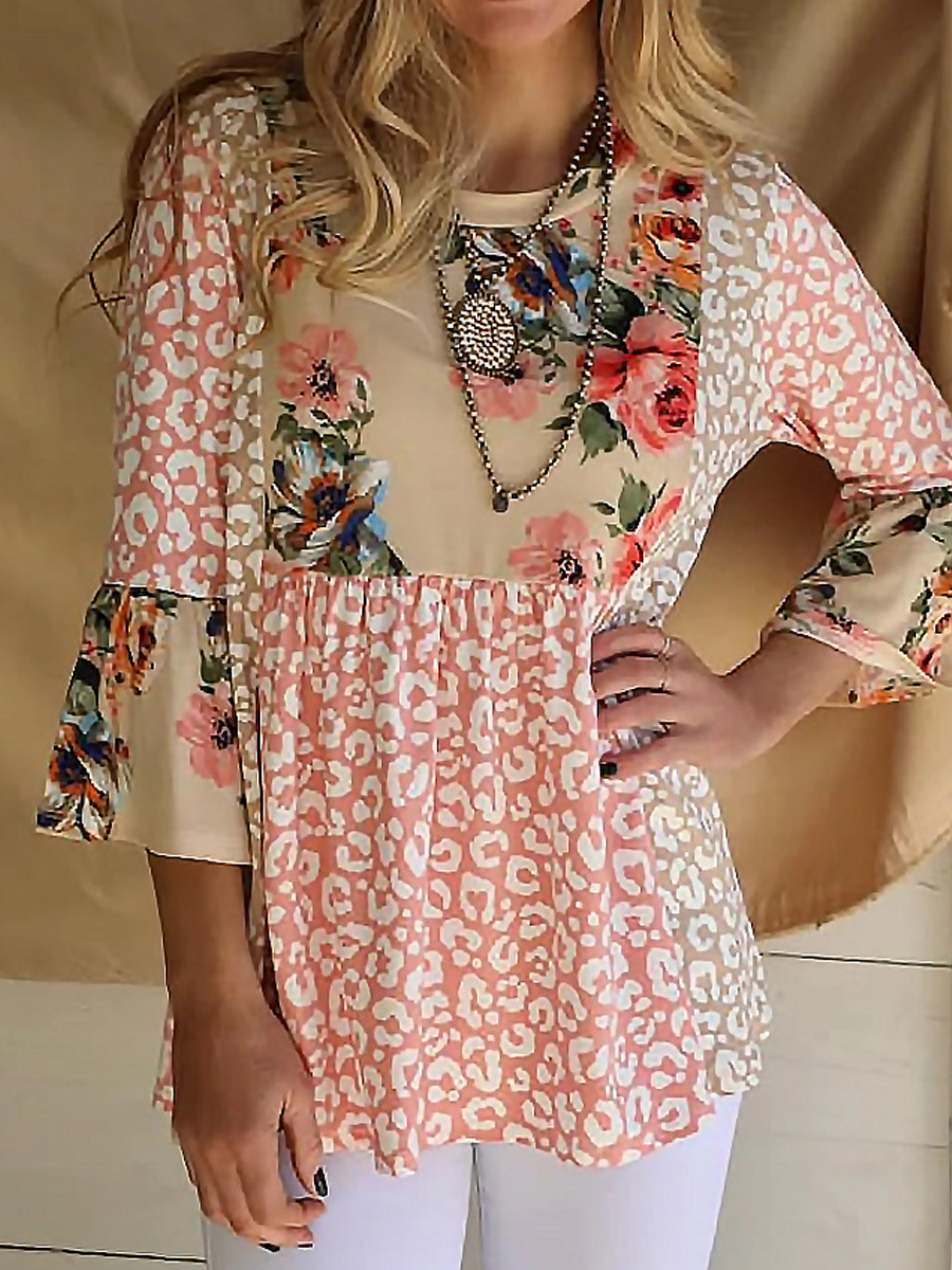 Loose Casual Patchwork Floral Print Crew Neck Three Quarter Sleeves Blouse