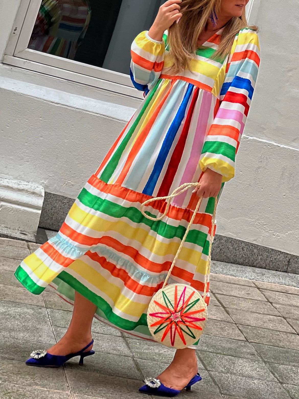 Casual Colorful Striped Print V Neck Long Sleeve Dress