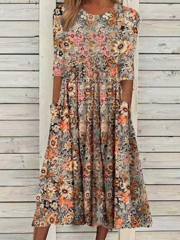 Round Neck Casual Loose Printed Short Sleeve Midi Dress - Oasisjoy.com 