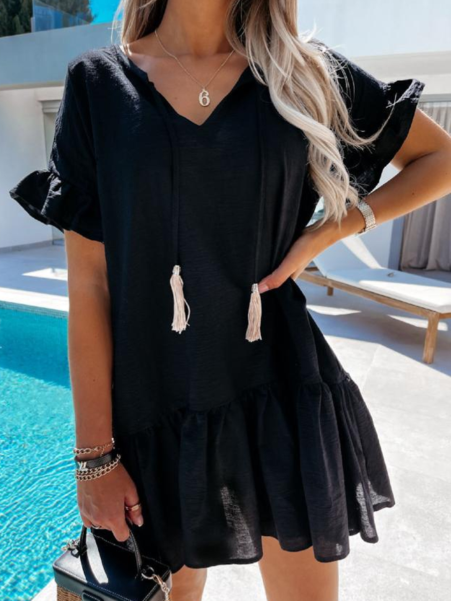 Loose Solid V Neck Ruffle Short Sleeve Pleated Dress