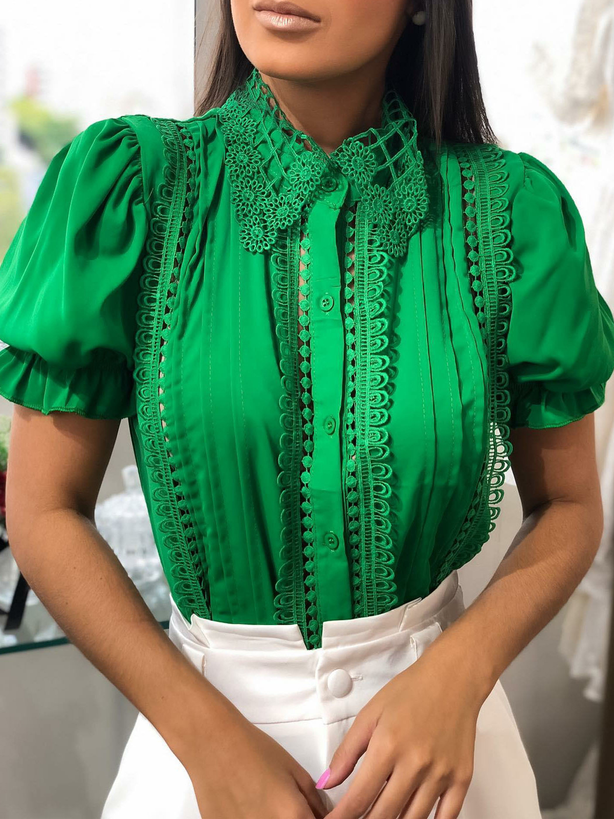 Lace Trim Button up Short Sleeve Blouses