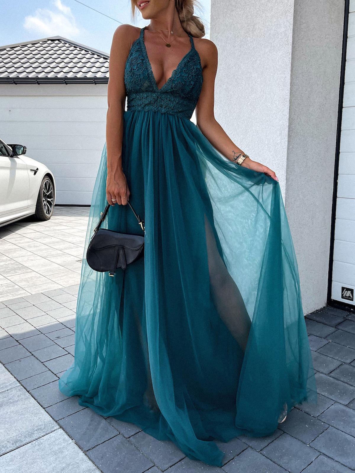 Floral Lace V neck Mesh Skirt Maxi Dress Elegant