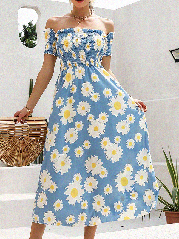 Summer Floral Daisy Print Off Shoulder Nipped Waist Maxi Dress