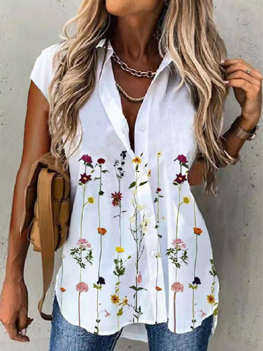 Casual Loose Floral Print Short Sleeve Blouse