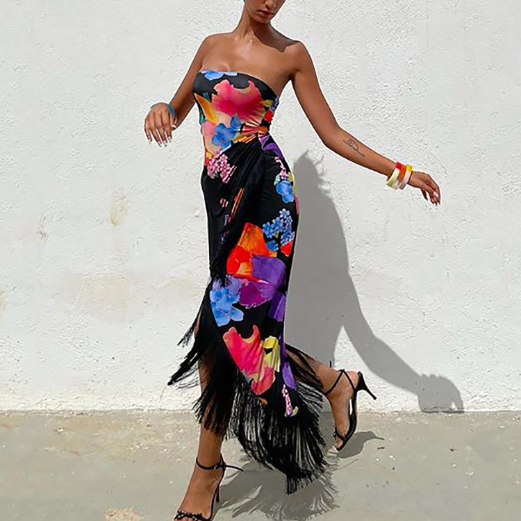 Women's Sexy Printed Fringe Slit Wrap Party Dress