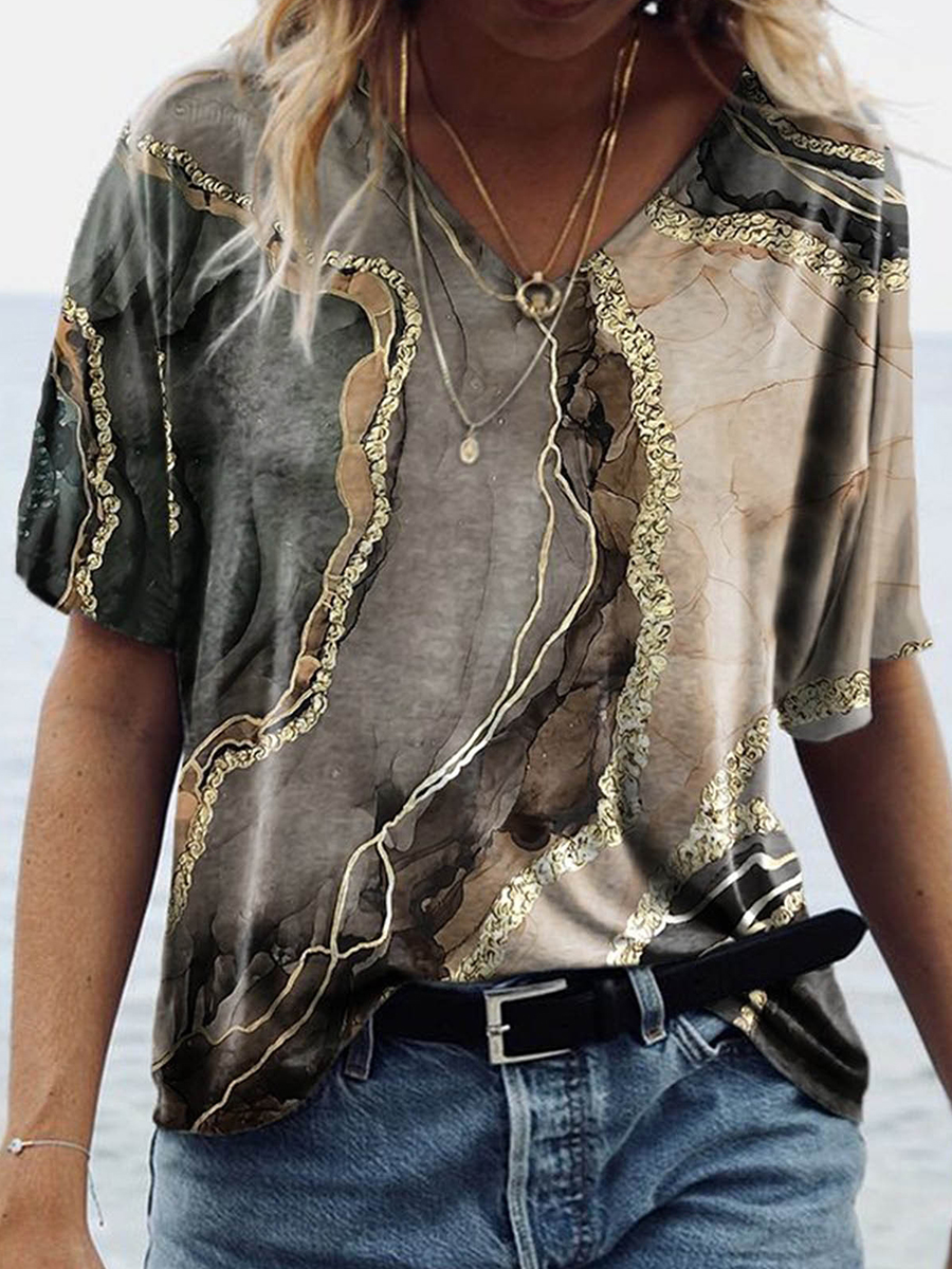 V neck Short sleeved Printed T shirt