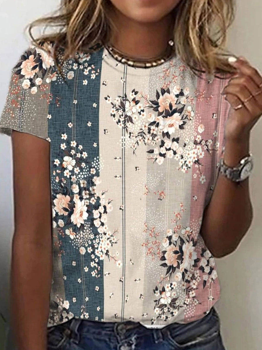 Round Neck Casual Loose Chic Floral Print Short Sleeve T-shirt
