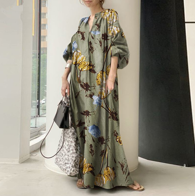 Women Printed V Neck Simple Loose Casual Long Dress