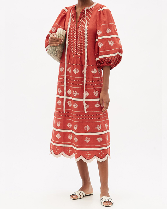 Women's Retro Cotton And Linen Contrast Lace up Print Dress