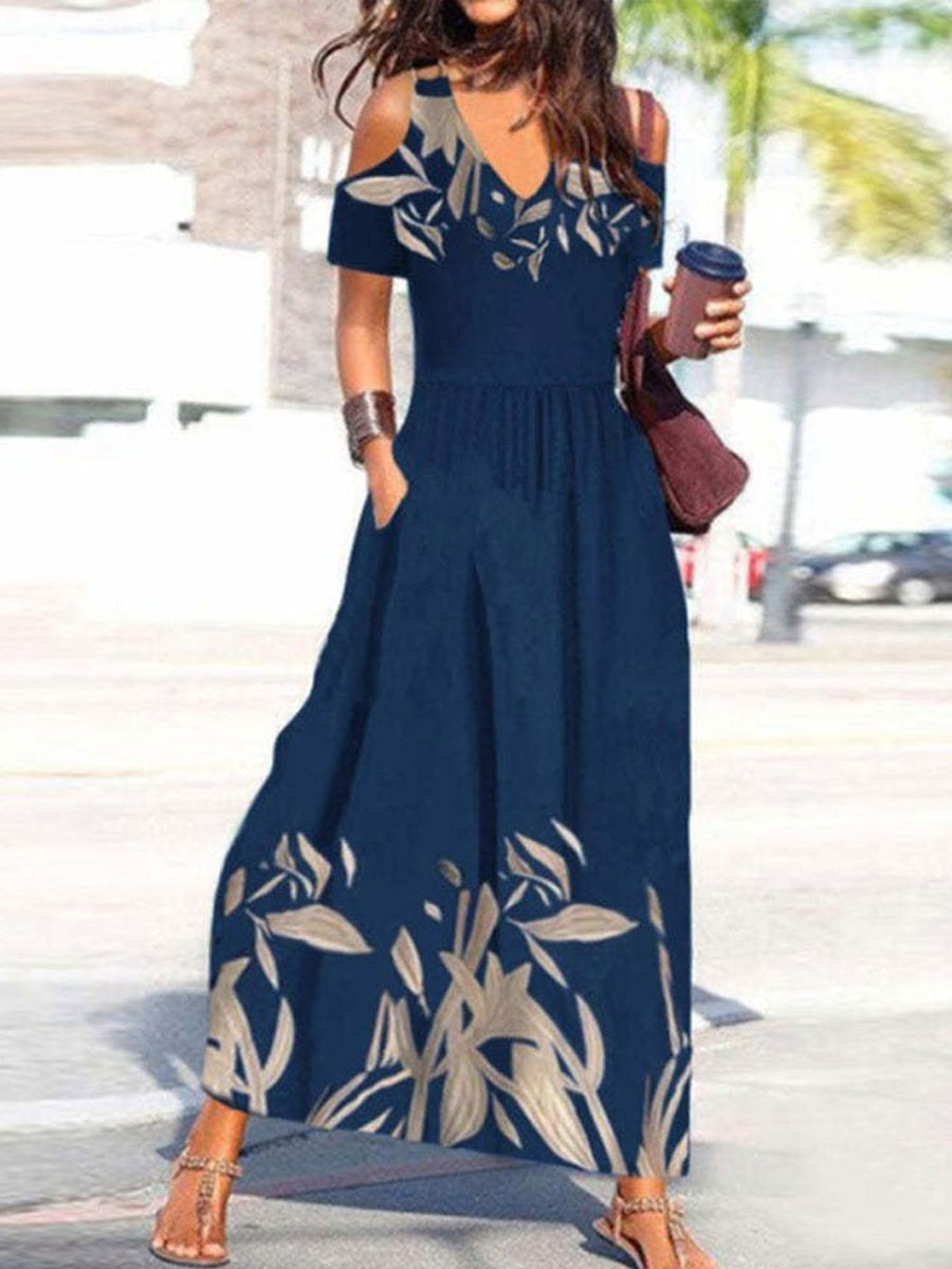 V neck Casual Loose Leaf Print Short Sleeve Maxi Dress